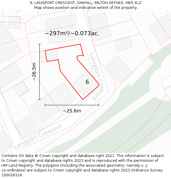 6, LANGPORT CRESCENT, OAKHILL, MILTON KEYNES, MK5 6LZ: Plot and title map