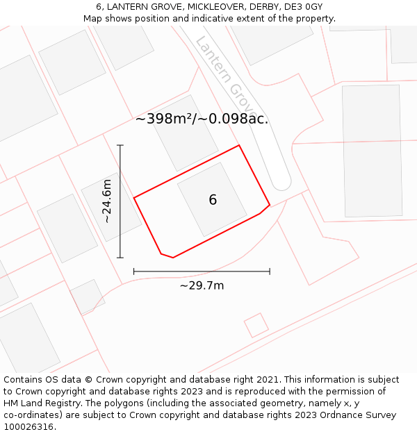 6, LANTERN GROVE, MICKLEOVER, DERBY, DE3 0GY: Plot and title map