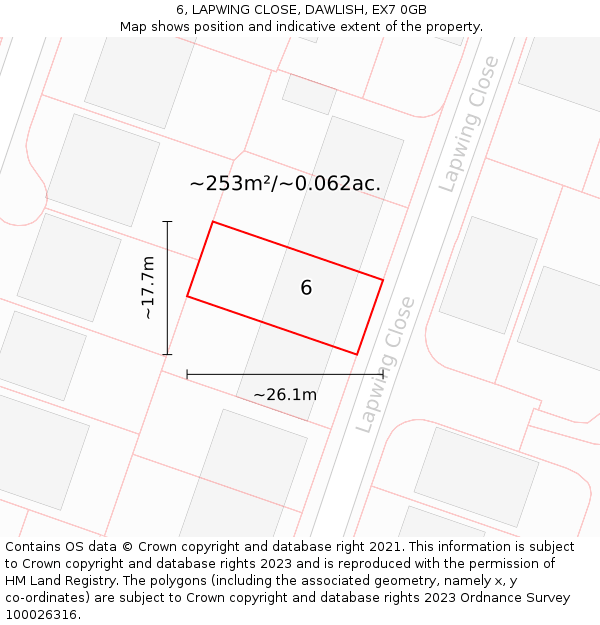 6, LAPWING CLOSE, DAWLISH, EX7 0GB: Plot and title map