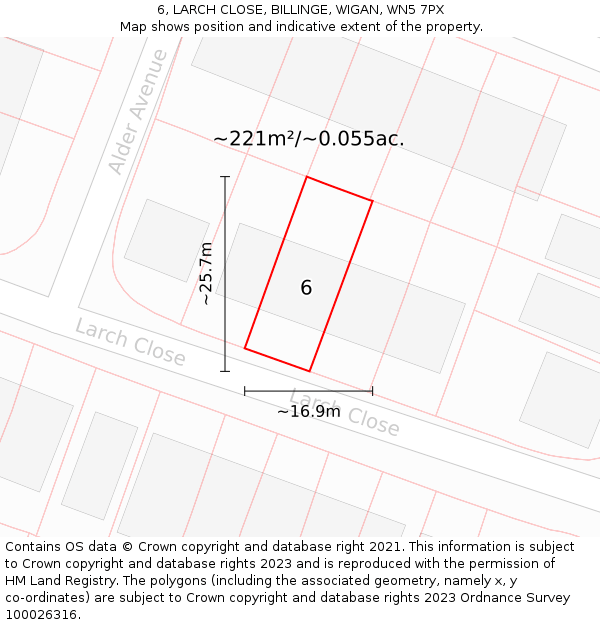 6, LARCH CLOSE, BILLINGE, WIGAN, WN5 7PX: Plot and title map