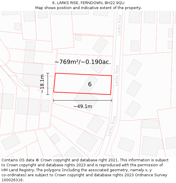 6, LARKS RISE, FERNDOWN, BH22 9QU: Plot and title map