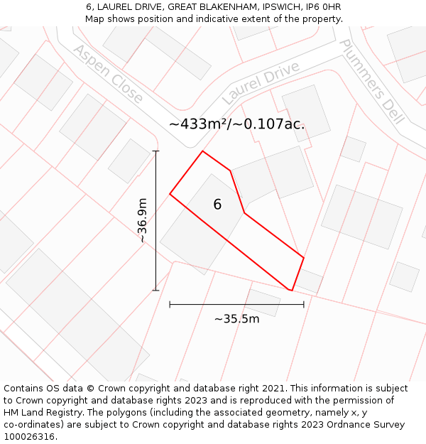 6, LAUREL DRIVE, GREAT BLAKENHAM, IPSWICH, IP6 0HR: Plot and title map
