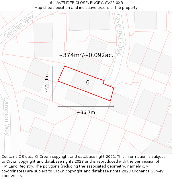 6, LAVENDER CLOSE, RUGBY, CV23 0XB: Plot and title map