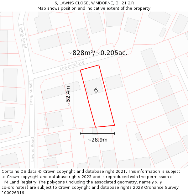 6, LAWNS CLOSE, WIMBORNE, BH21 2JR: Plot and title map