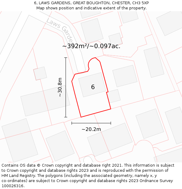 6, LAWS GARDENS, GREAT BOUGHTON, CHESTER, CH3 5XP: Plot and title map