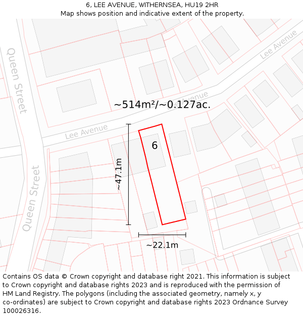 6, LEE AVENUE, WITHERNSEA, HU19 2HR: Plot and title map