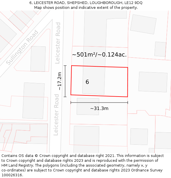 6, LEICESTER ROAD, SHEPSHED, LOUGHBOROUGH, LE12 9DQ: Plot and title map