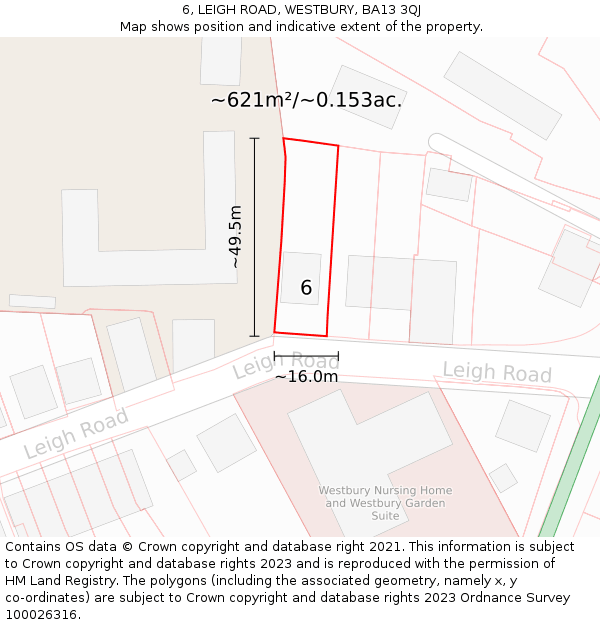 6, LEIGH ROAD, WESTBURY, BA13 3QJ: Plot and title map