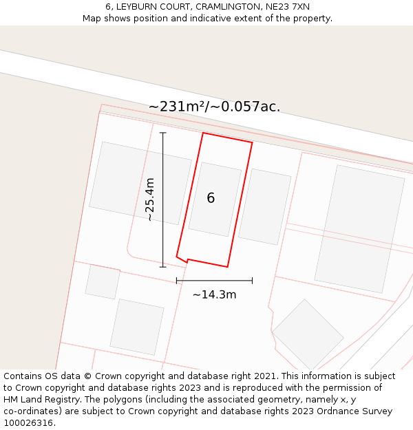 6, LEYBURN COURT, CRAMLINGTON, NE23 7XN: Plot and title map