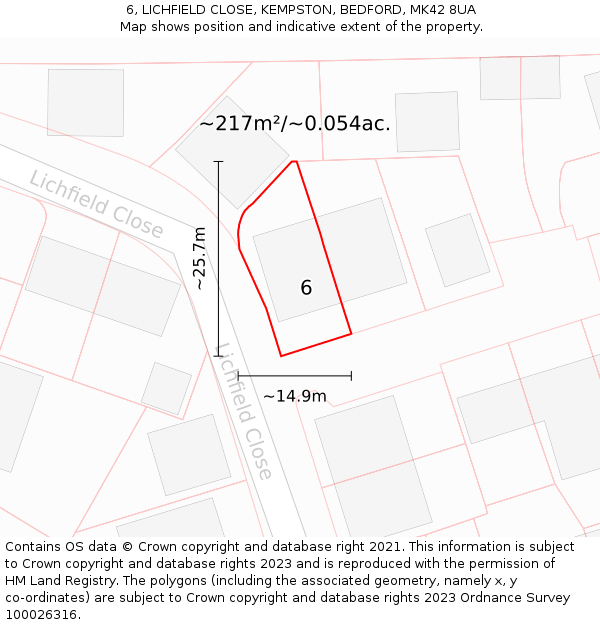 6, LICHFIELD CLOSE, KEMPSTON, BEDFORD, MK42 8UA: Plot and title map