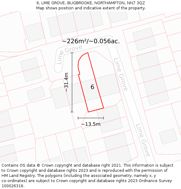 6, LIME GROVE, BUGBROOKE, NORTHAMPTON, NN7 3QZ: Plot and title map