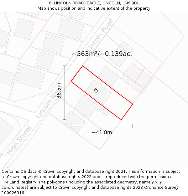 6, LINCOLN ROAD, EAGLE, LINCOLN, LN6 9DL: Plot and title map