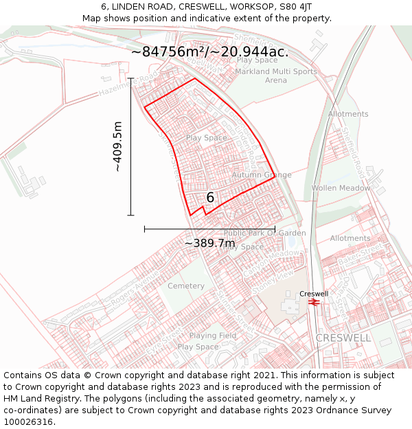 6, LINDEN ROAD, CRESWELL, WORKSOP, S80 4JT: Plot and title map