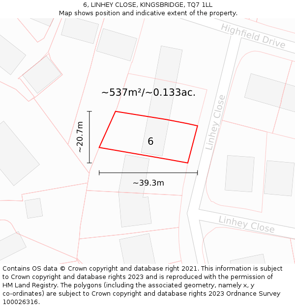 6, LINHEY CLOSE, KINGSBRIDGE, TQ7 1LL: Plot and title map