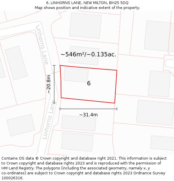 6, LINHORNS LANE, NEW MILTON, BH25 5DQ: Plot and title map