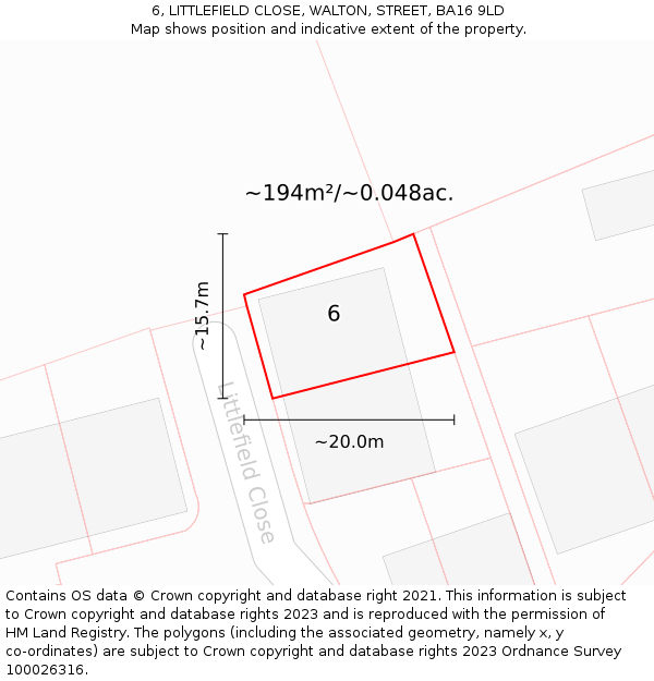 6, LITTLEFIELD CLOSE, WALTON, STREET, BA16 9LD: Plot and title map