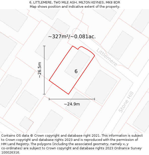 6, LITTLEMERE, TWO MILE ASH, MILTON KEYNES, MK8 8DR: Plot and title map