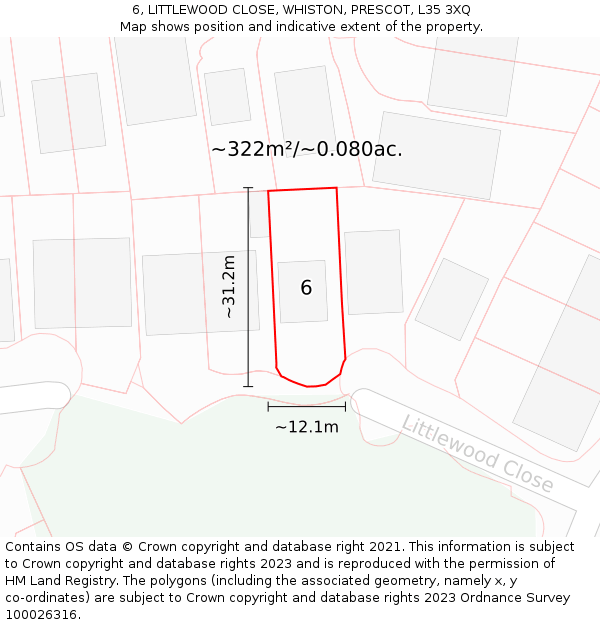 6, LITTLEWOOD CLOSE, WHISTON, PRESCOT, L35 3XQ: Plot and title map