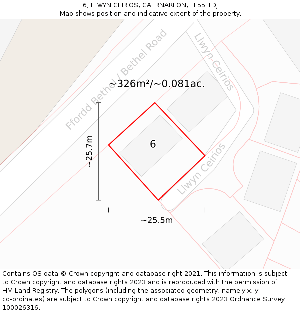 6, LLWYN CEIRIOS, CAERNARFON, LL55 1DJ: Plot and title map