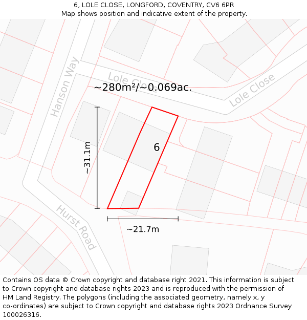 6, LOLE CLOSE, LONGFORD, COVENTRY, CV6 6PR: Plot and title map