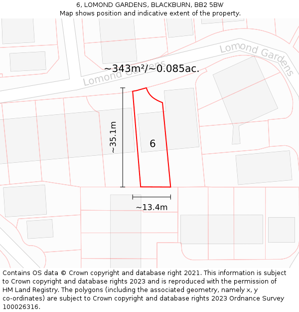 6, LOMOND GARDENS, BLACKBURN, BB2 5BW: Plot and title map