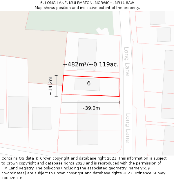 6, LONG LANE, MULBARTON, NORWICH, NR14 8AW: Plot and title map