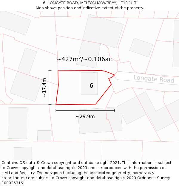 6, LONGATE ROAD, MELTON MOWBRAY, LE13 1HT: Plot and title map