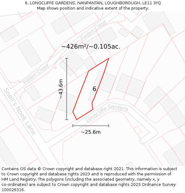 6, LONGCLIFFE GARDENS, NANPANTAN, LOUGHBOROUGH, LE11 3YQ: Plot and title map