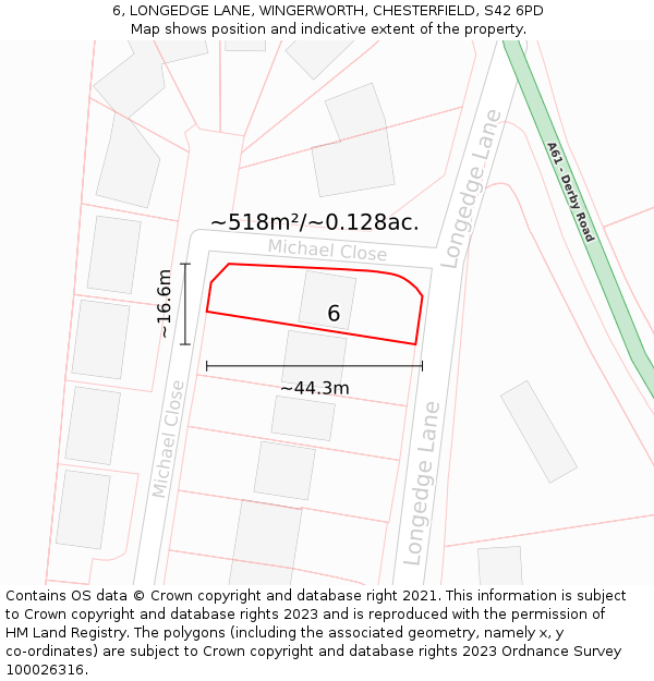 6, LONGEDGE LANE, WINGERWORTH, CHESTERFIELD, S42 6PD: Plot and title map