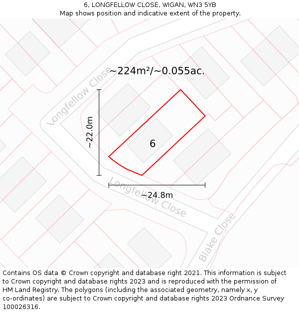 6, LONGFELLOW CLOSE, WIGAN, WN3 5YB: Plot and title map