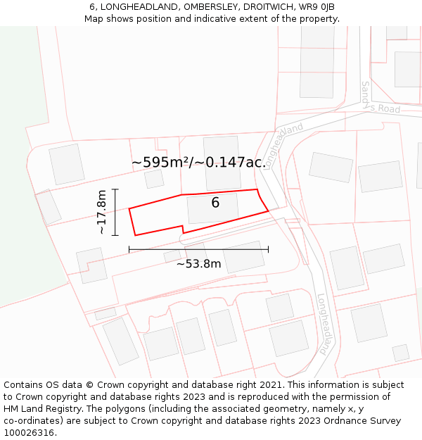 6, LONGHEADLAND, OMBERSLEY, DROITWICH, WR9 0JB: Plot and title map