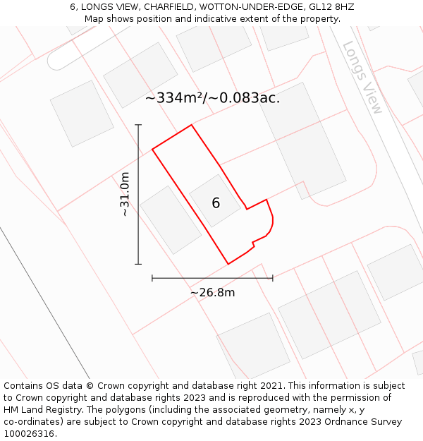 6, LONGS VIEW, CHARFIELD, WOTTON-UNDER-EDGE, GL12 8HZ: Plot and title map