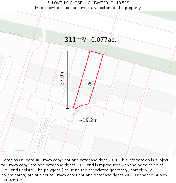 6, LOVELLS CLOSE, LIGHTWATER, GU18 5RS: Plot and title map