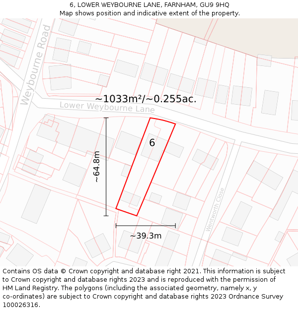 6, LOWER WEYBOURNE LANE, FARNHAM, GU9 9HQ: Plot and title map