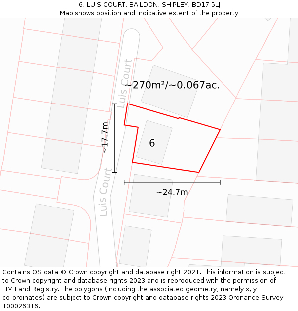 6, LUIS COURT, BAILDON, SHIPLEY, BD17 5LJ: Plot and title map