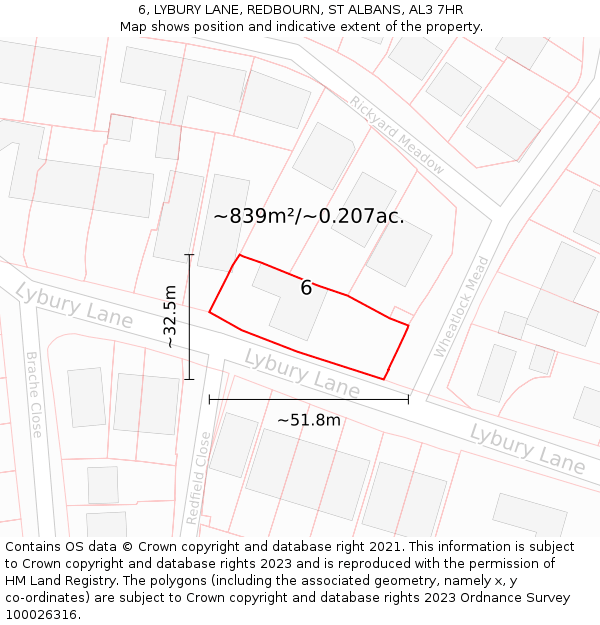 6, LYBURY LANE, REDBOURN, ST ALBANS, AL3 7HR: Plot and title map