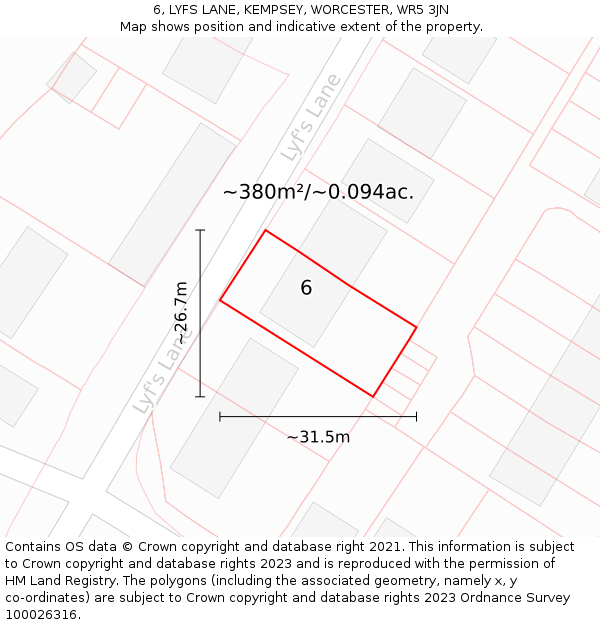 6, LYFS LANE, KEMPSEY, WORCESTER, WR5 3JN: Plot and title map