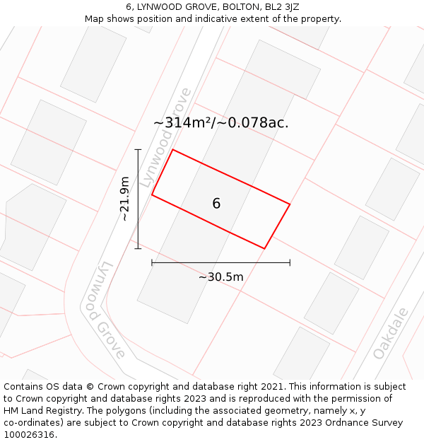 6, LYNWOOD GROVE, BOLTON, BL2 3JZ: Plot and title map