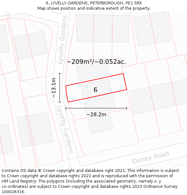 6, LYVELLY GARDENS, PETERBOROUGH, PE1 5RX: Plot and title map