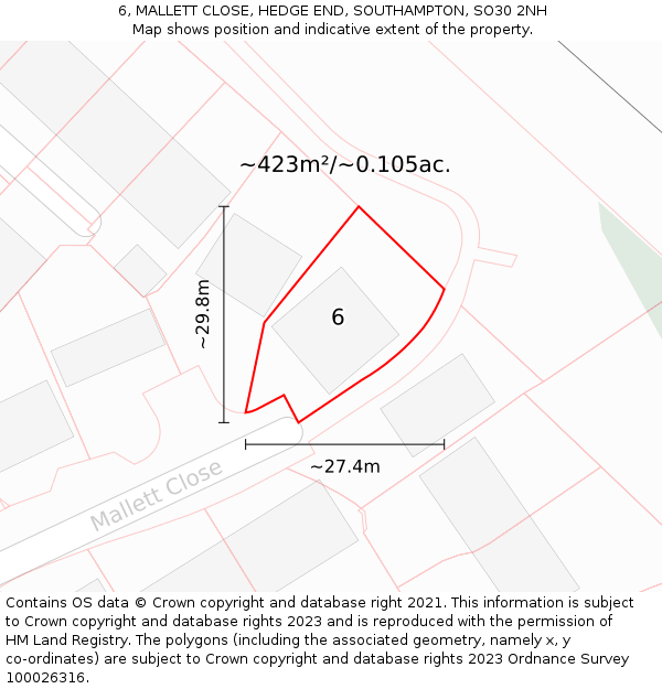 6, MALLETT CLOSE, HEDGE END, SOUTHAMPTON, SO30 2NH: Plot and title map