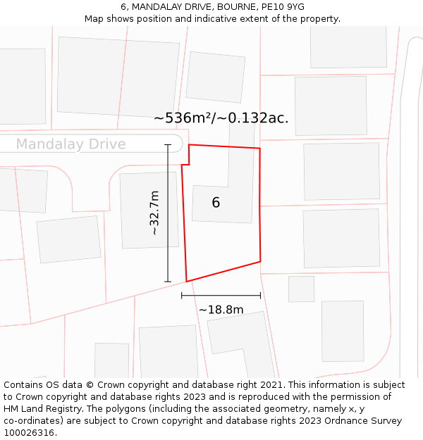 6, MANDALAY DRIVE, BOURNE, PE10 9YG: Plot and title map