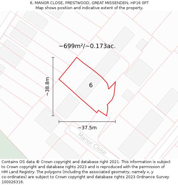 6, MANOR CLOSE, PRESTWOOD, GREAT MISSENDEN, HP16 0PT: Plot and title map