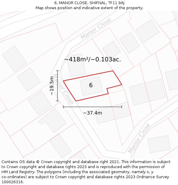 6, MANOR CLOSE, SHIFNAL, TF11 9AJ: Plot and title map