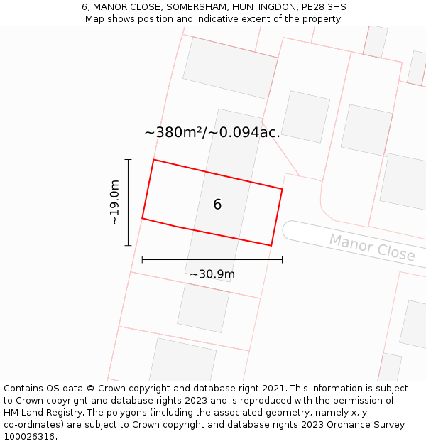 6, MANOR CLOSE, SOMERSHAM, HUNTINGDON, PE28 3HS: Plot and title map