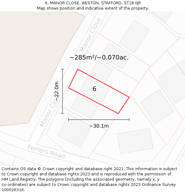 6, MANOR CLOSE, WESTON, STAFFORD, ST18 0JP: Plot and title map