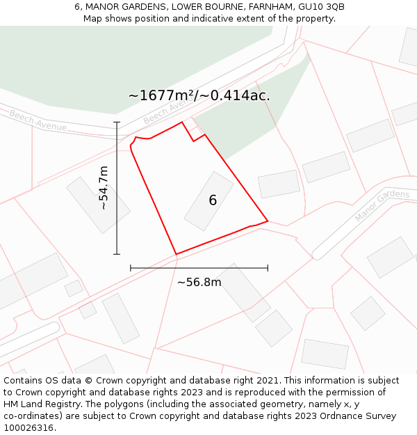 6, MANOR GARDENS, LOWER BOURNE, FARNHAM, GU10 3QB: Plot and title map