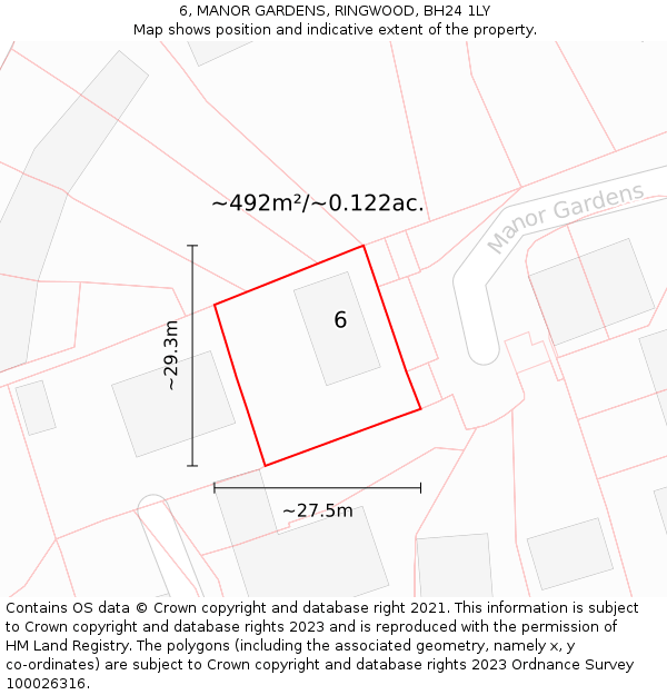 6, MANOR GARDENS, RINGWOOD, BH24 1LY: Plot and title map