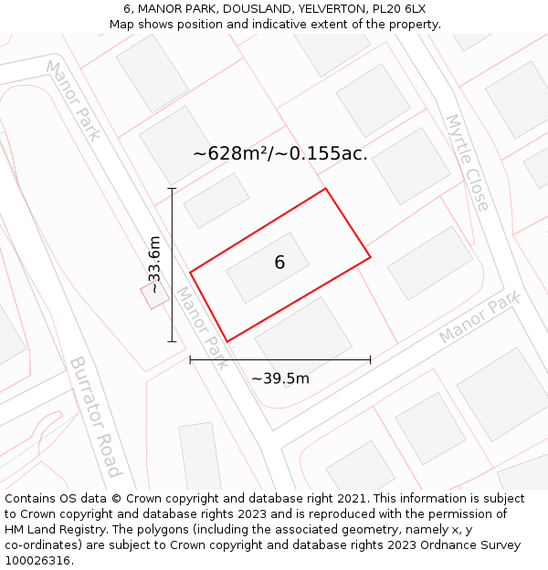 6, MANOR PARK, DOUSLAND, YELVERTON, PL20 6LX: Plot and title map