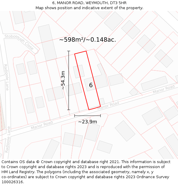 6, MANOR ROAD, WEYMOUTH, DT3 5HR: Plot and title map