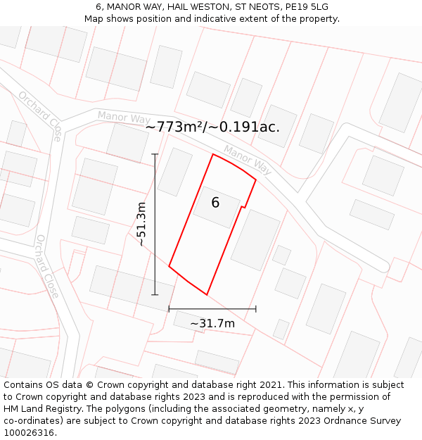 6, MANOR WAY, HAIL WESTON, ST NEOTS, PE19 5LG: Plot and title map